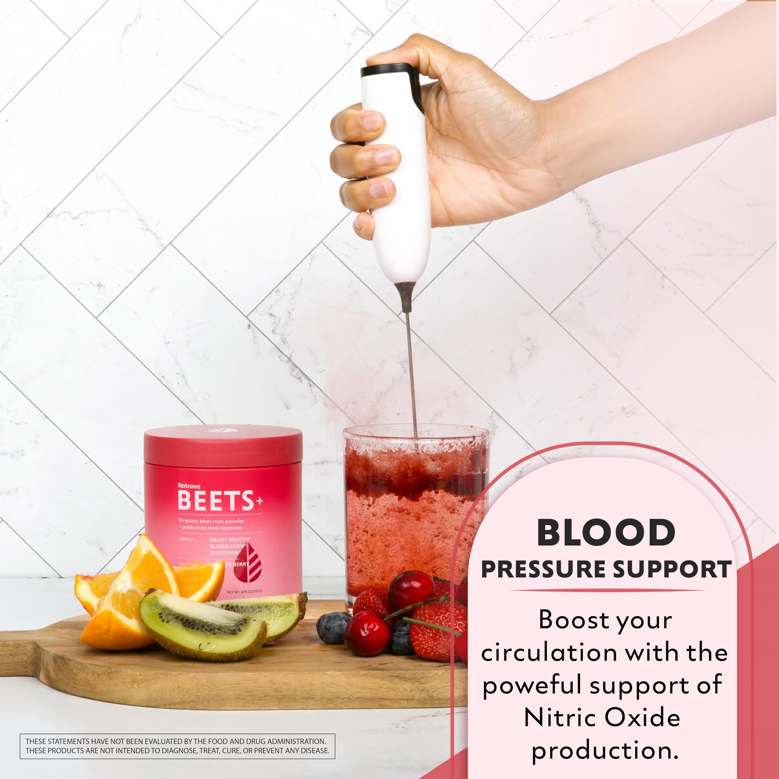 Natrava Beets+ label shows vitamin and prebiotic blend for everyday nutrition.
