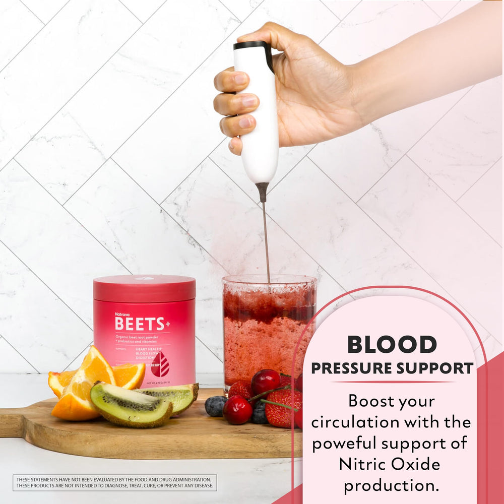 Natrava Beets+ label shows vitamin and prebiotic blend for everyday nutrition.