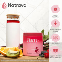 Natrava Beets+ powder closeup highlights rich texture for smoothies.