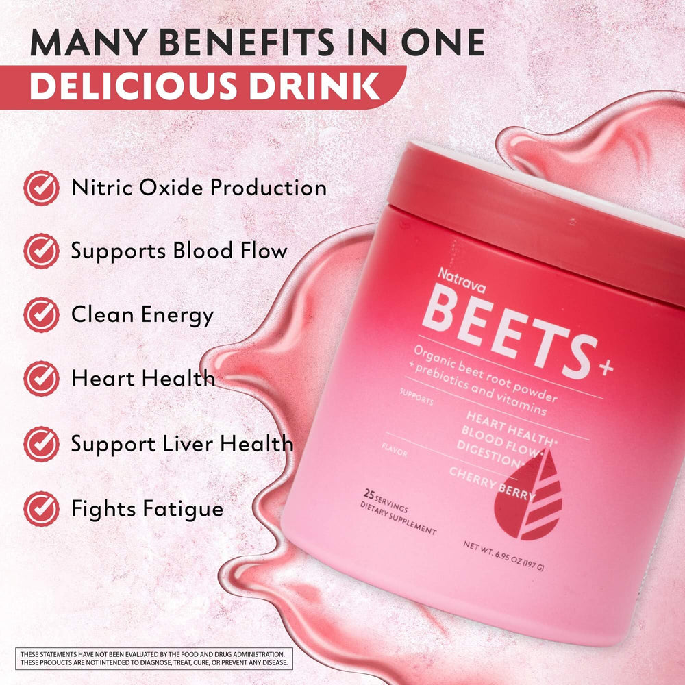 Natrava Beets+ powder dispense shows easy measuring for quick mixes.