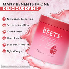 Natrava Beets+ powder dispense shows easy measuring for quick mixes.