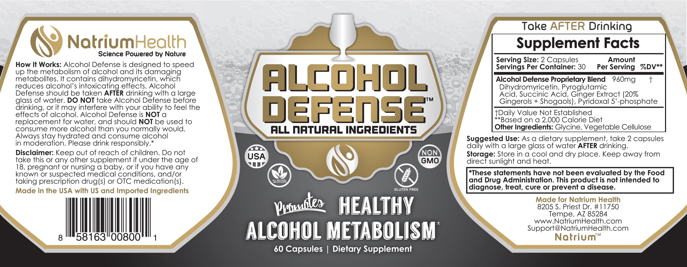 Natrium Health Alcohol Defense bottle top notes USA-made quality and imported ingredients.
