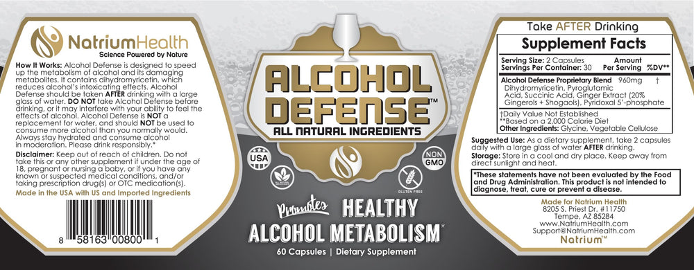 Natrium Health Alcohol Defense bottle top notes USA-made quality and imported ingredients.