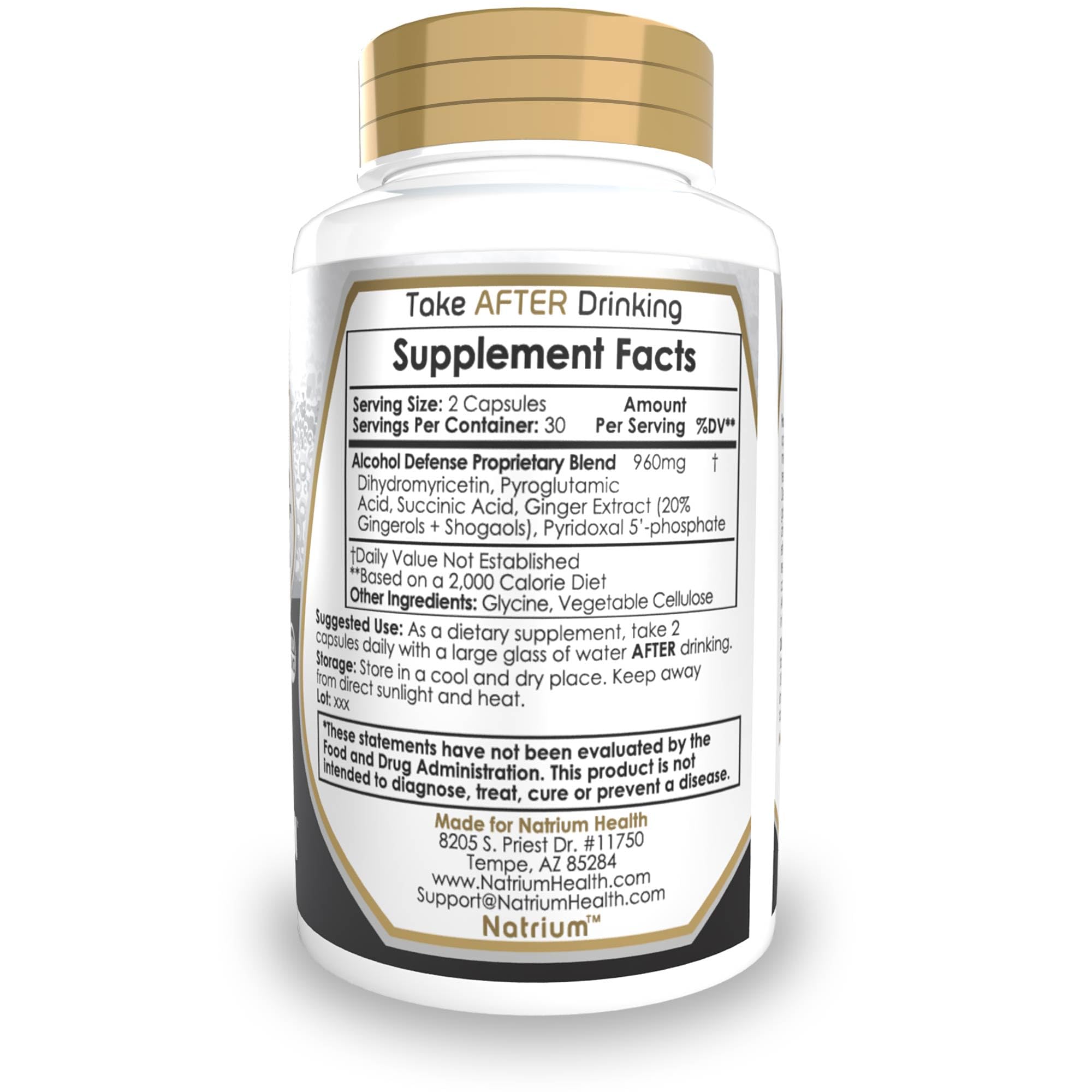 Natrium Health Alcohol Defense Capsules ingredients label highlighting dihydromyricetin and ginger extract.