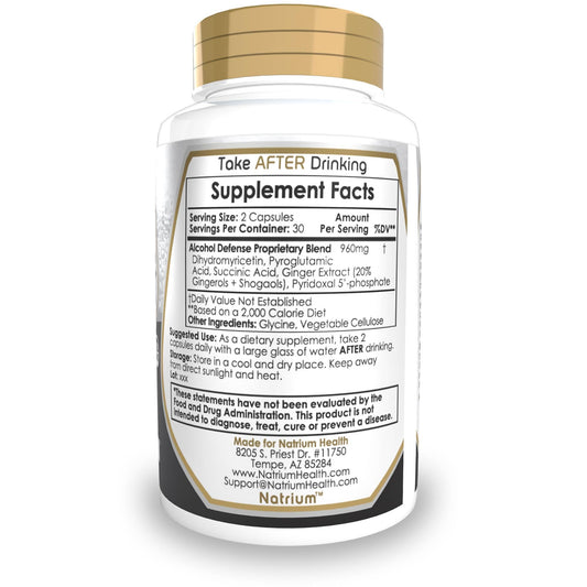 Natrium Health Alcohol Defense Capsules ingredients label highlighting dihydromyricetin and ginger extract.
