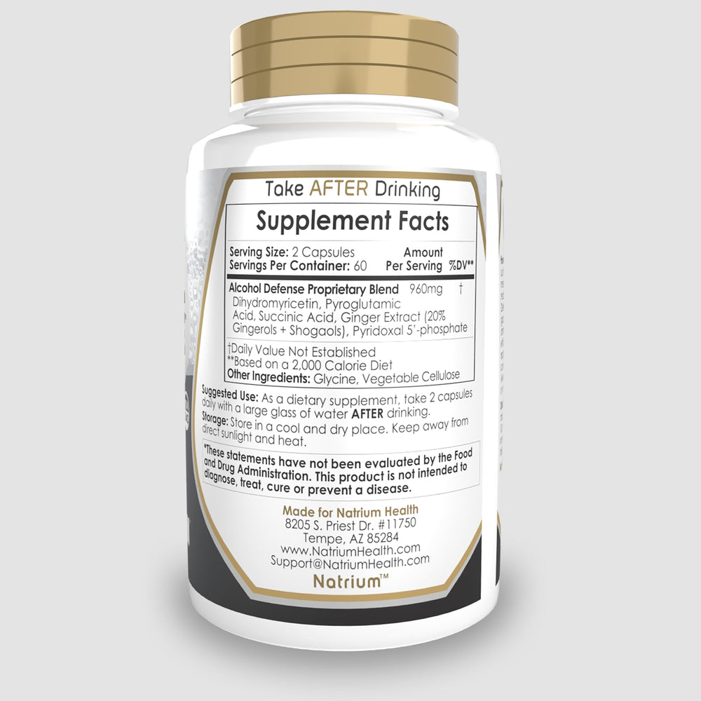 Natrium Health Alcohol Defense capsules close-up for post-consumption supplementation.