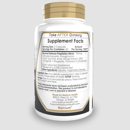 Natrium Health Alcohol Defense capsules close-up for post-consumption supplementation.