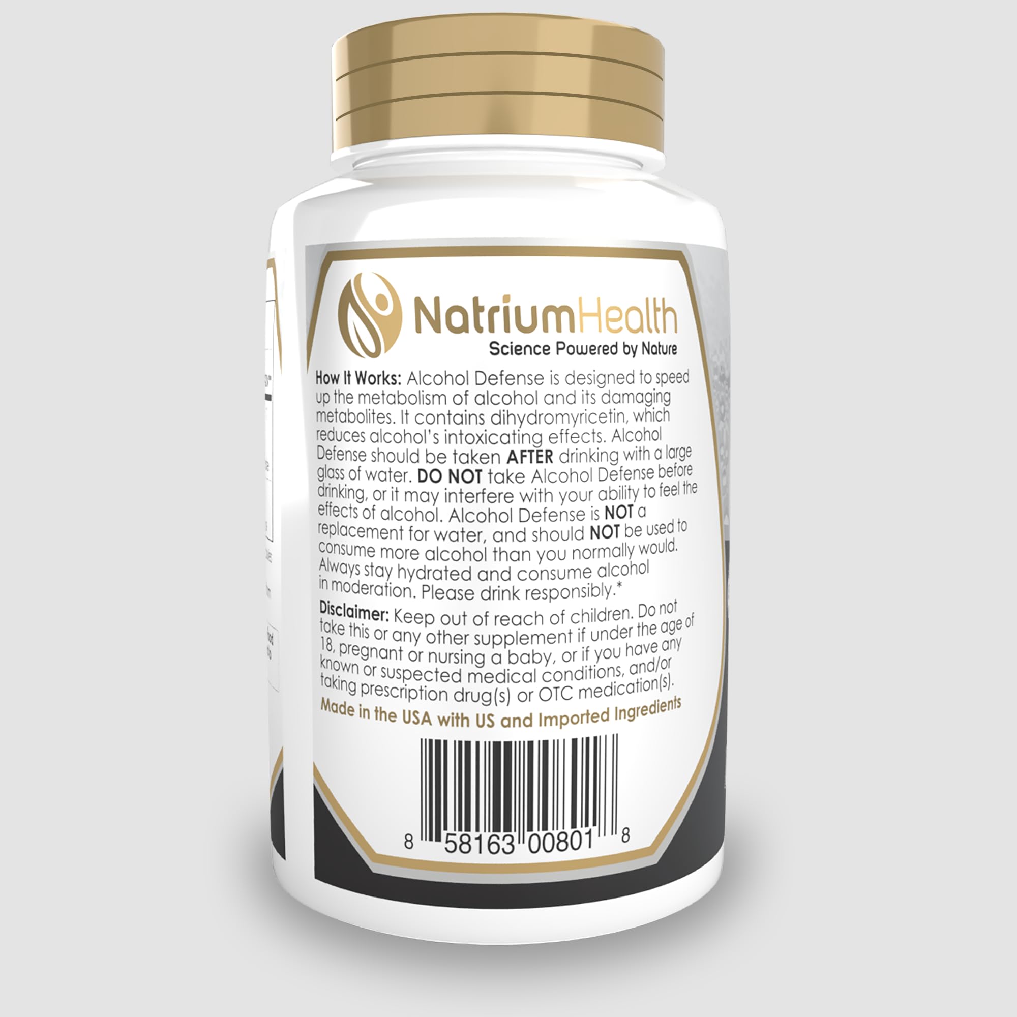 Natrium Health Alcohol Defense ingredients list highlighting DHM and ginger extract.