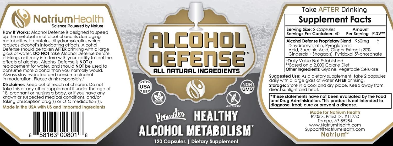 Natrium Health Alcohol Defense packaging on shelf emphasizing gluten-free, non-GMO ingredients.