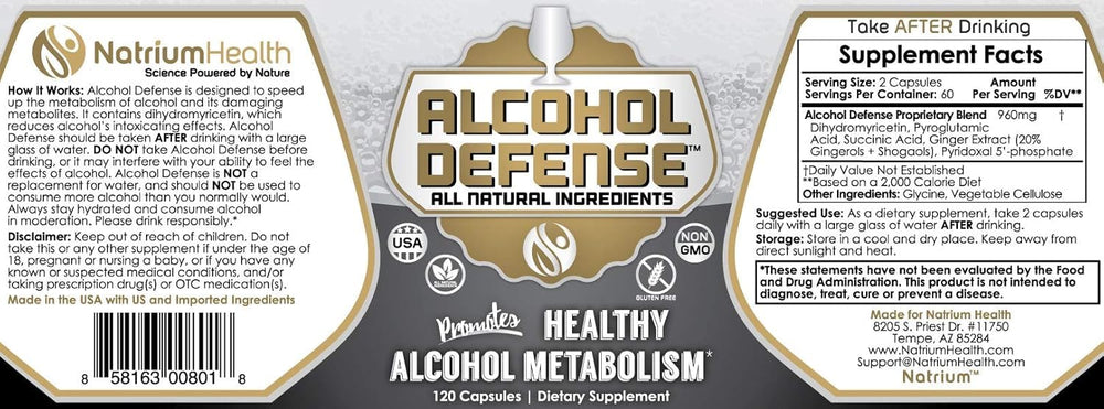 Natrium Health Alcohol Defense packaging on shelf emphasizing gluten-free, non-GMO ingredients.
