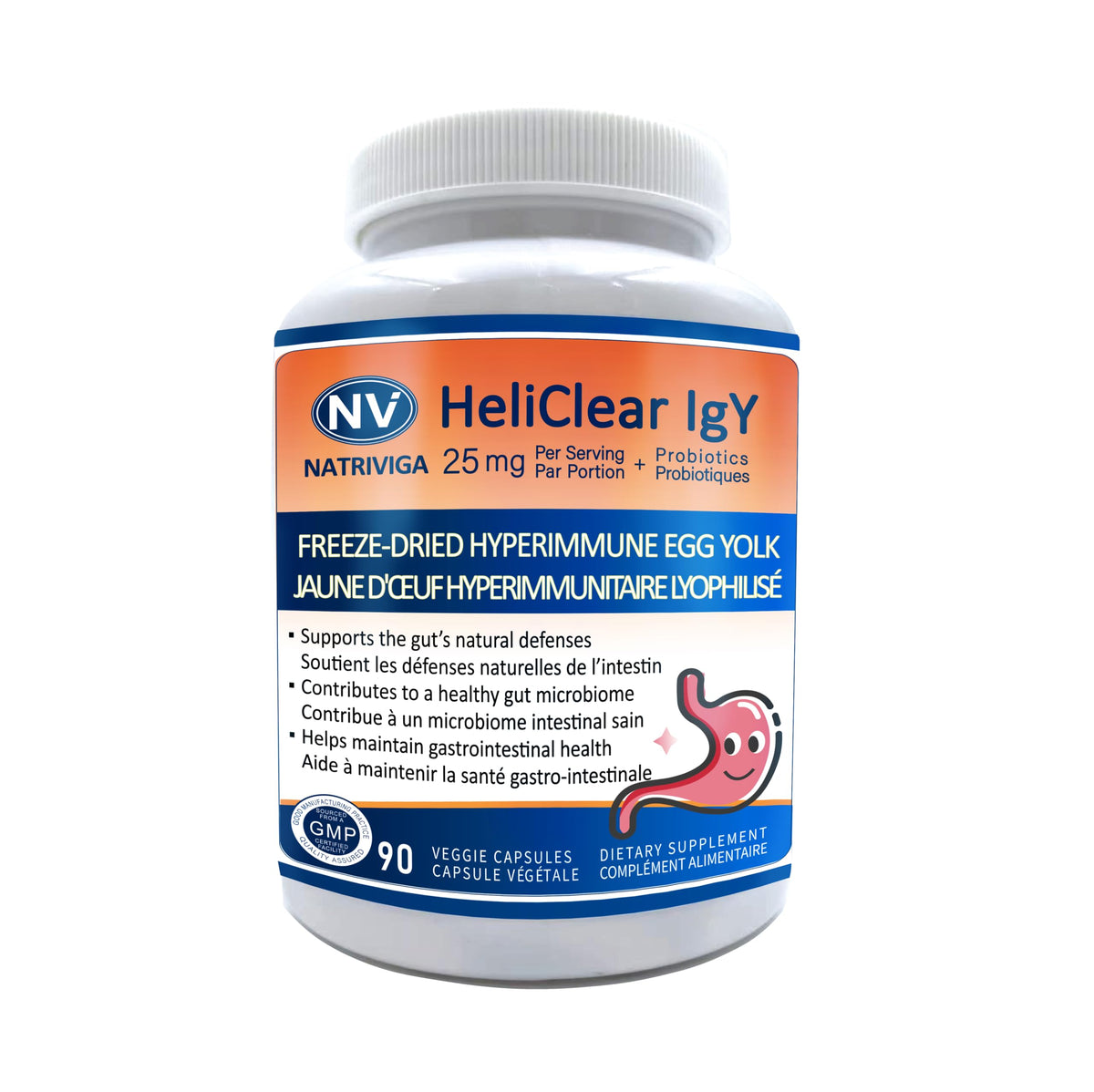 NATRIVIGA Heliclear bottle label showing dual-action formula for gut and immune support