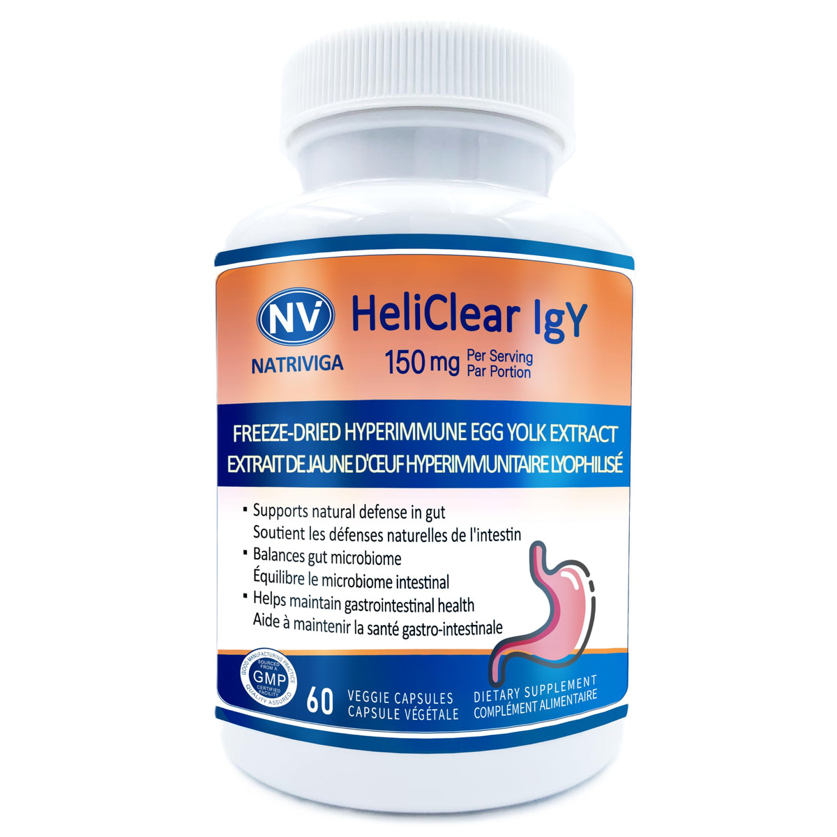 NATRIVIGA Heliclear IgY bottle with dairy-free immune support label.