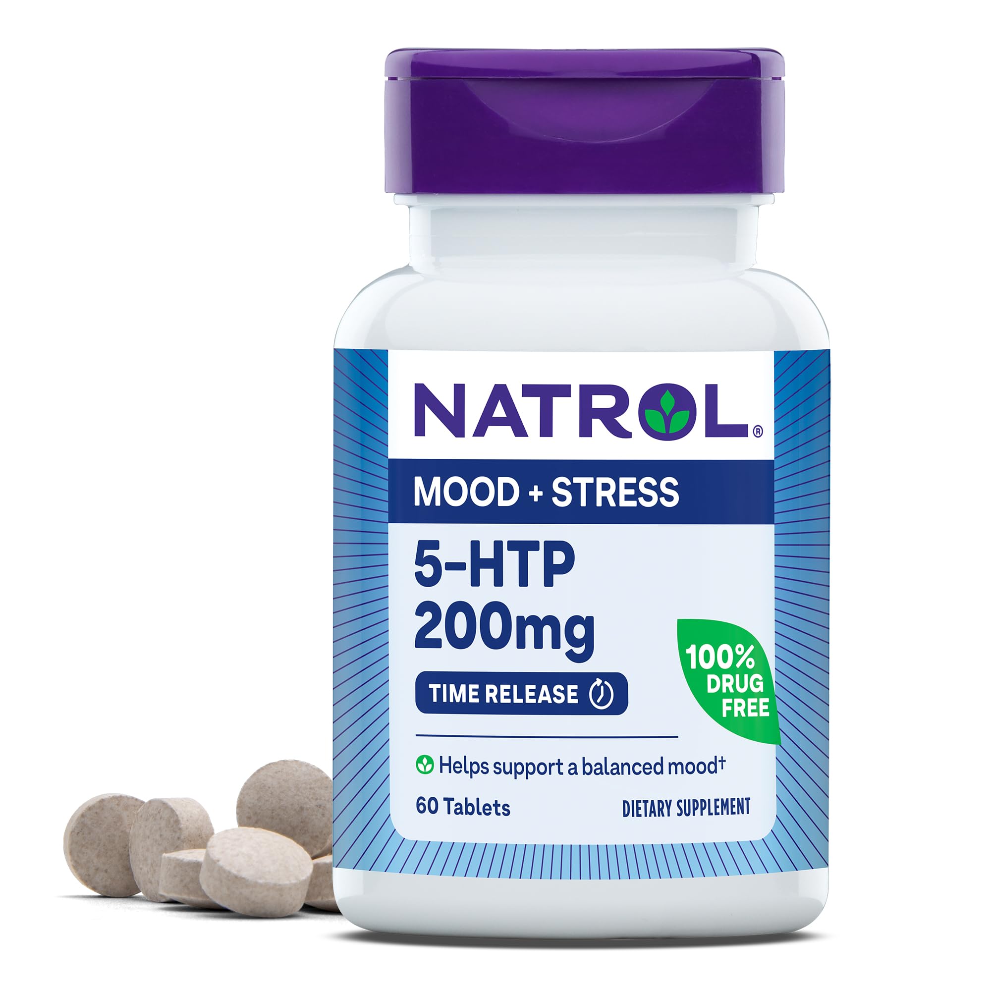 Natrol 5-HTP 200mg time-release tablets in a bottle for steady mood support