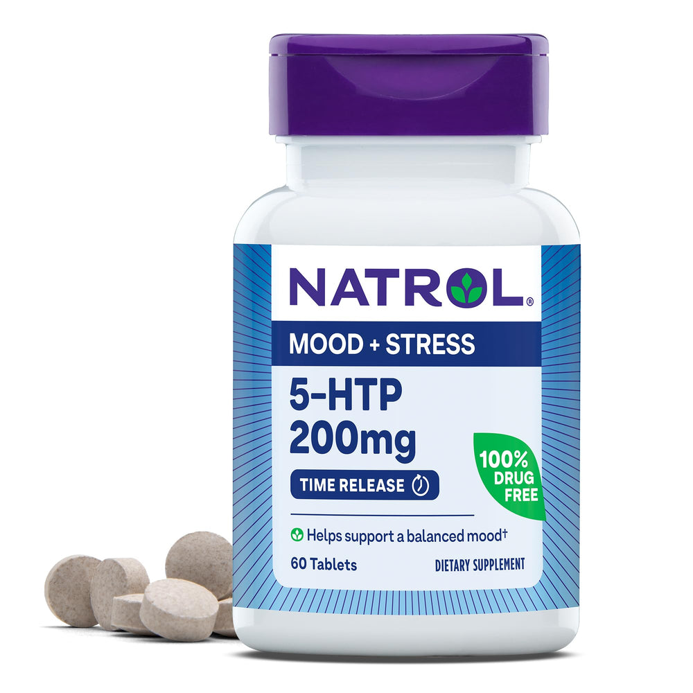 Natrol 5-HTP 200mg time-release tablets in a bottle for steady mood support