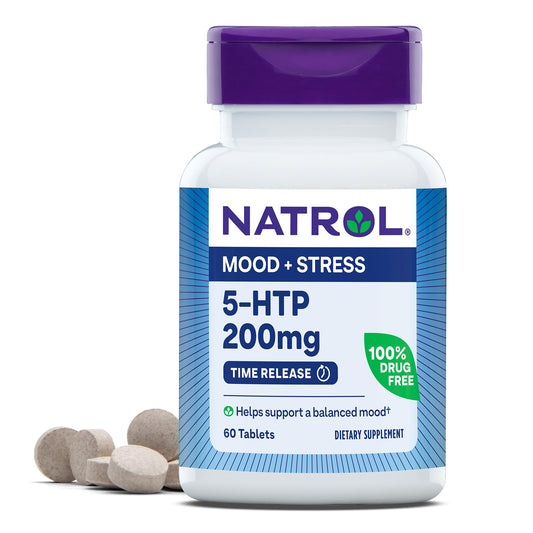 Natrol 5-HTP 200mg time-release tablets in a bottle for steady mood support