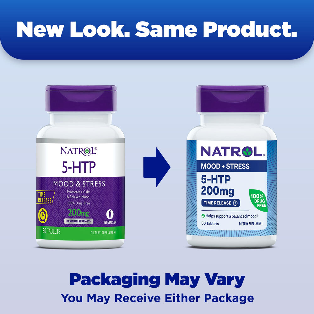 Natrol 5-HTP bottle front label highlights a 60-count supply for daily use