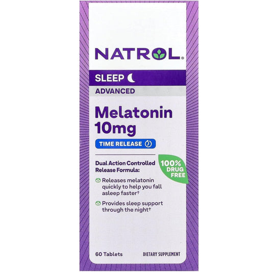 Natrol Advanced Sleep Melatonin 10 mg bottle on nightstand for a calm nightly routine.