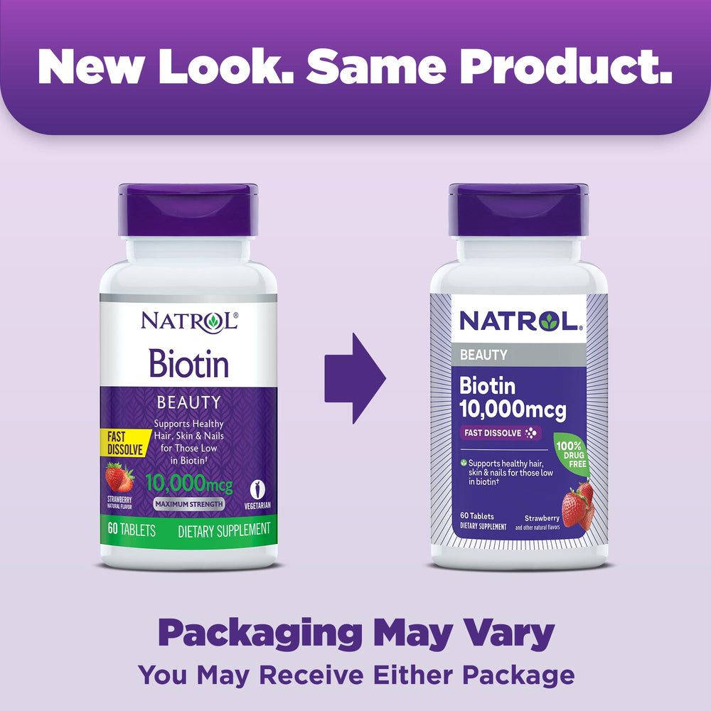Natrol Biotin 60-count bottle front view showing generous supply for two months.