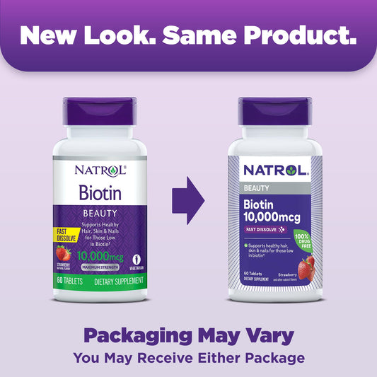 Natrol Biotin 60-count bottle front view showing generous supply for two months.