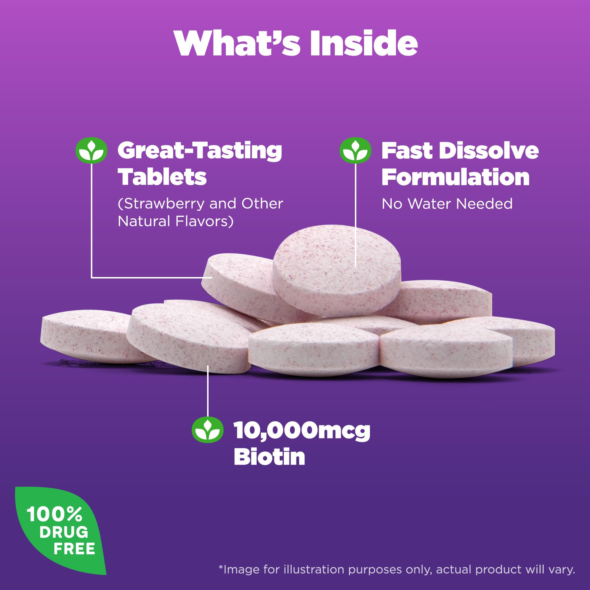 Delicious strawberry-flavored fast-dissolve tablets suitable for on-the-go use.
