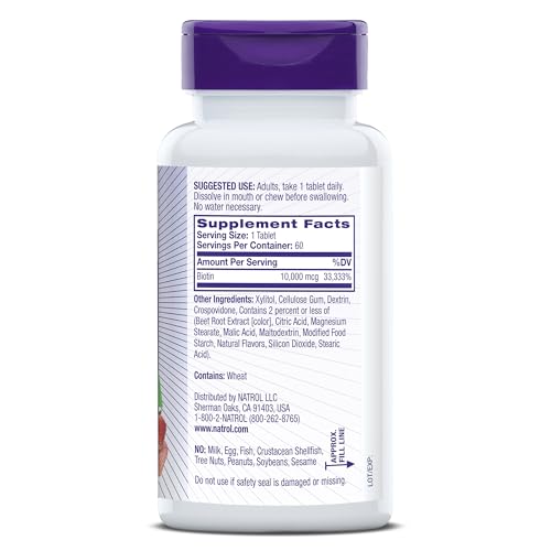 Natrol Biotin packaging highlights vegetarian and non-GMO features.