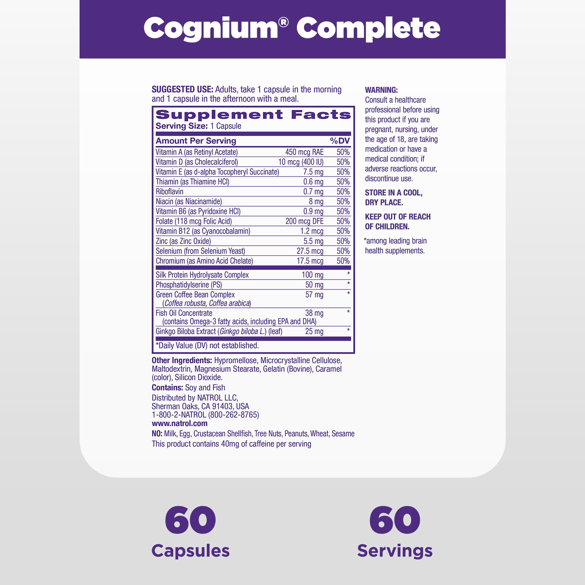 Natrol Cognium Complete packaging box emphasizes a 60-count bottle