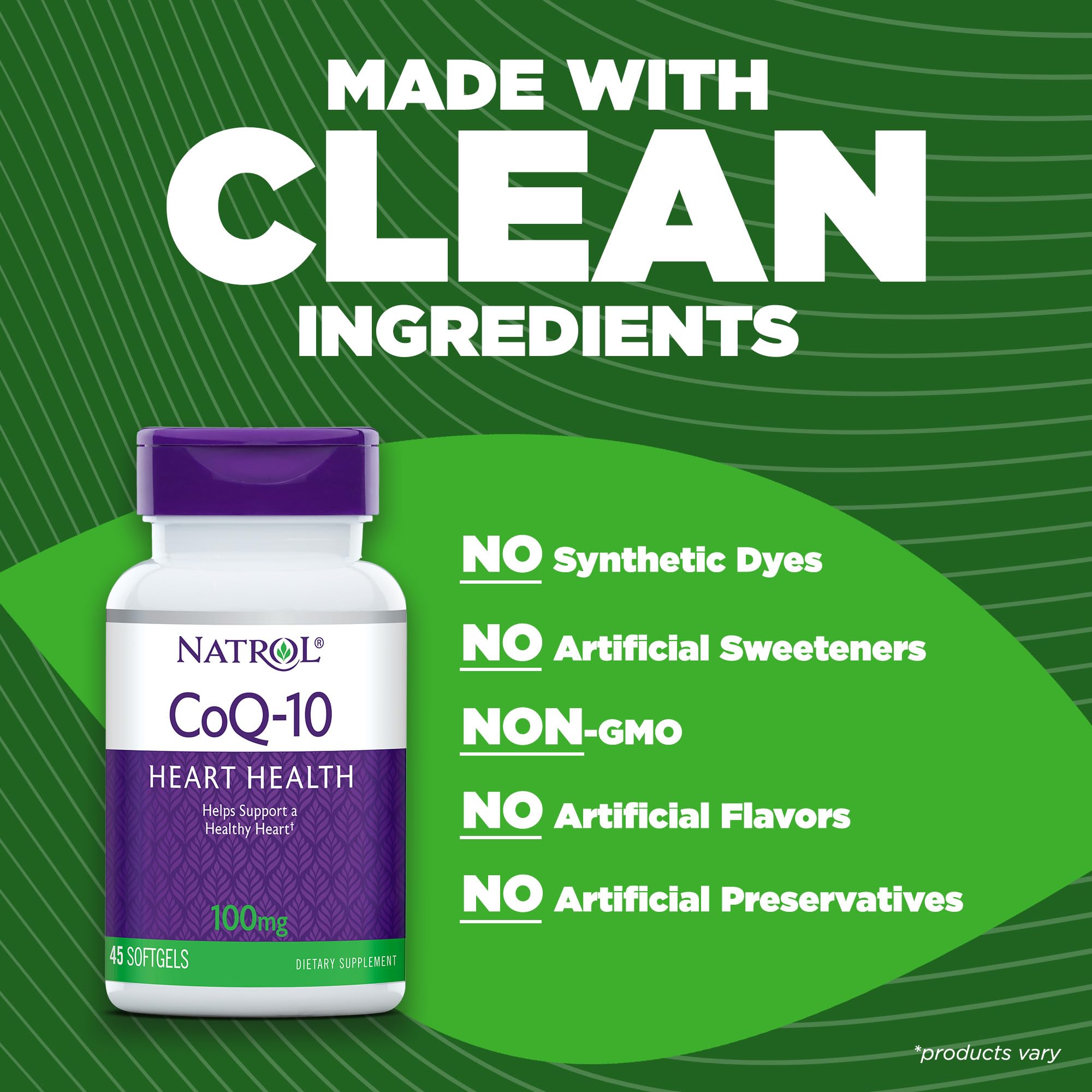 Natrol CoQ-10 bottle beside heart-healthy lifestyle visuals.