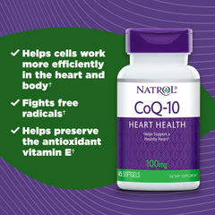Natrol CoQ-10 packaging highlights 100 mg dosage for consistent intake.