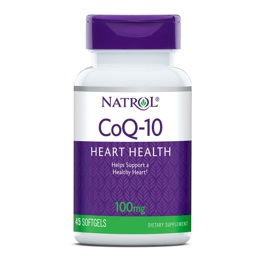 Natrol CoQ-10 softgels bottle supports daily heart health and energy balance.