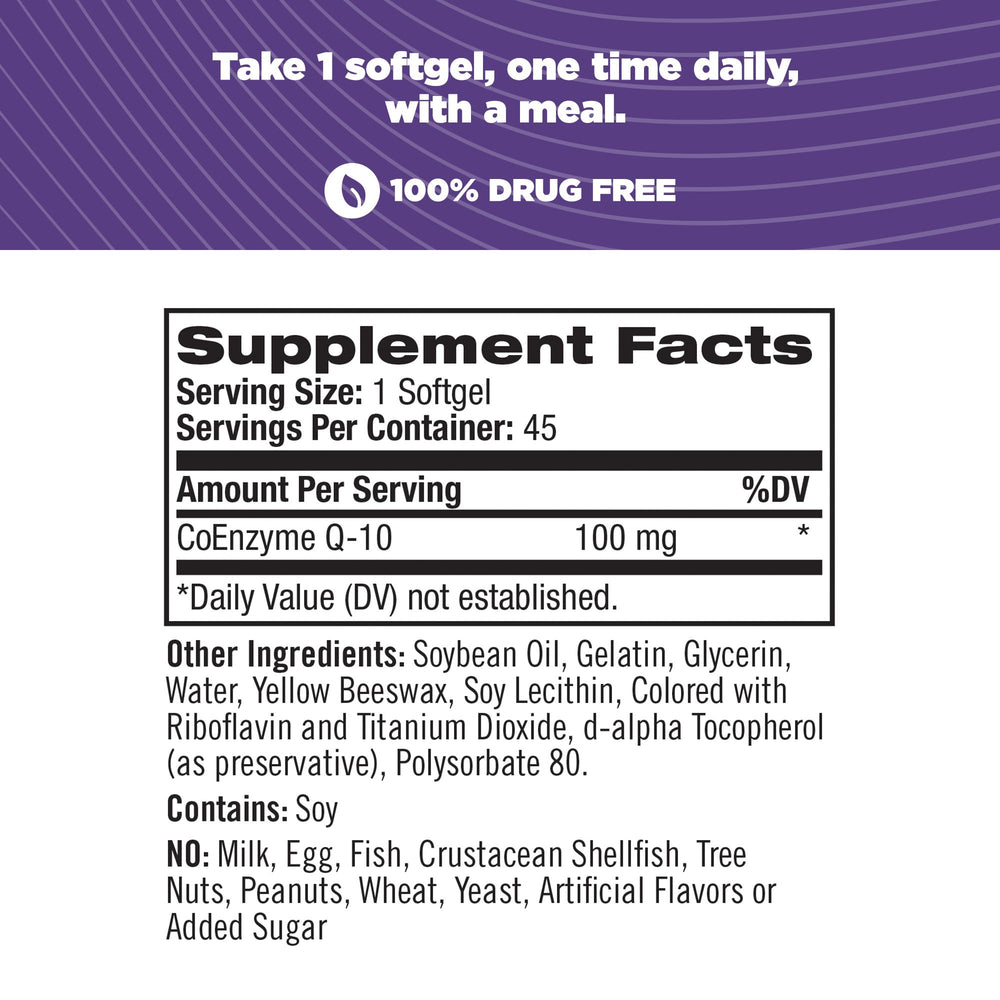 Close-up of Natrol CoQ-10 softgels in a clear bottle.
