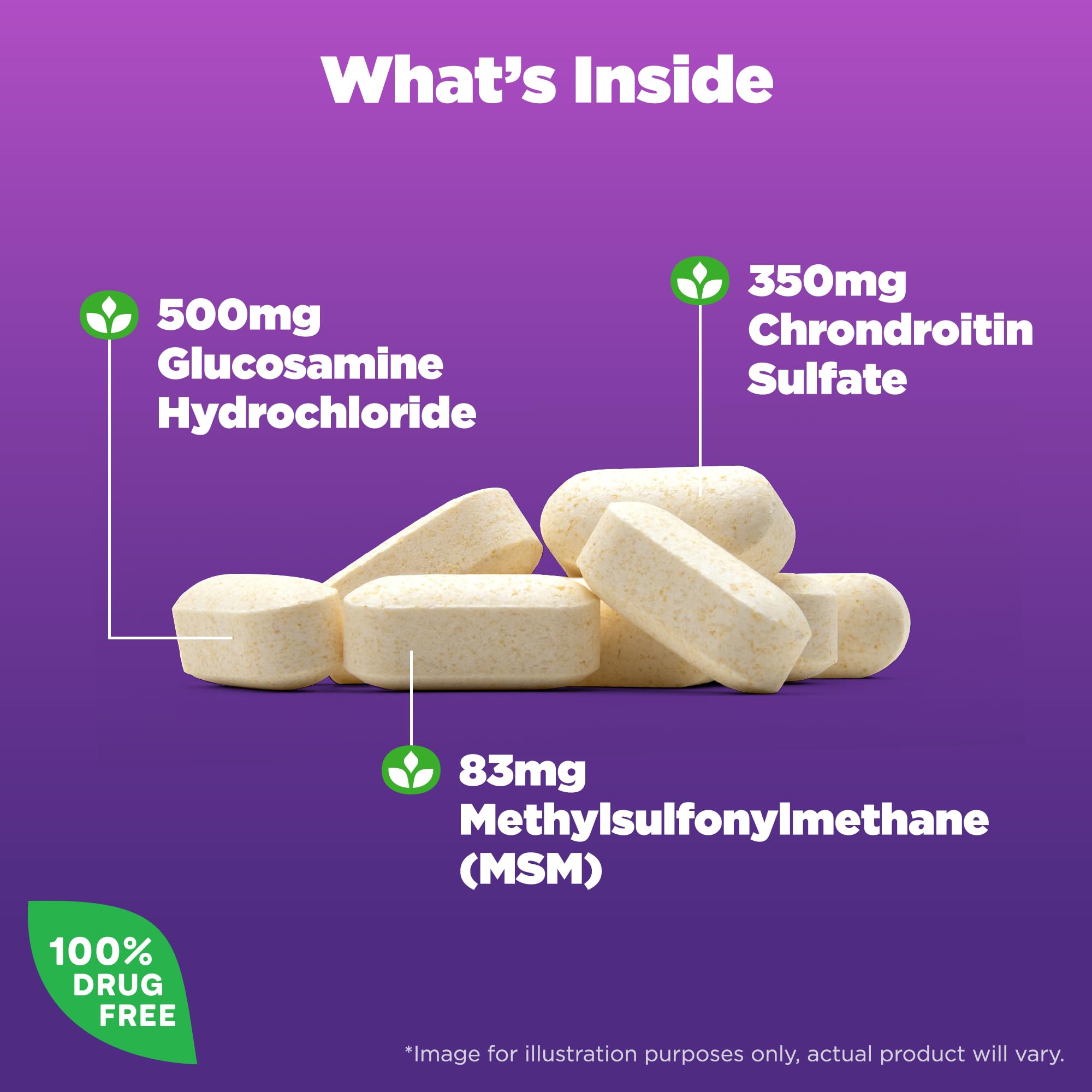 Natrol Glucosamine Chondroitin MSM tablets close-up with dosage details for easy use.