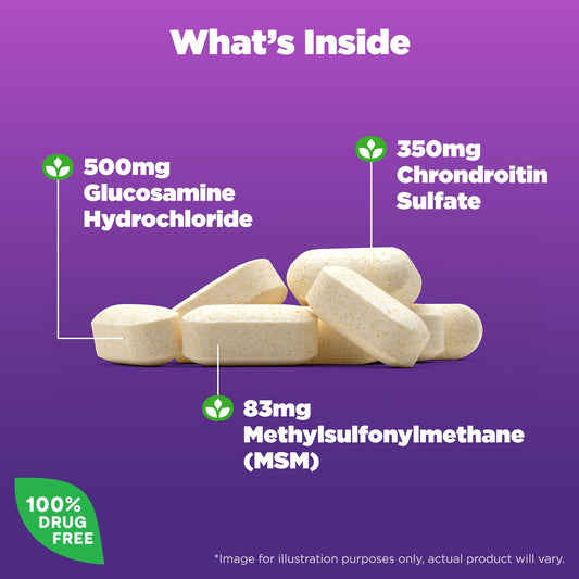 Natrol Glucosamine Chondroitin MSM tablets close-up with dosage details for easy use.