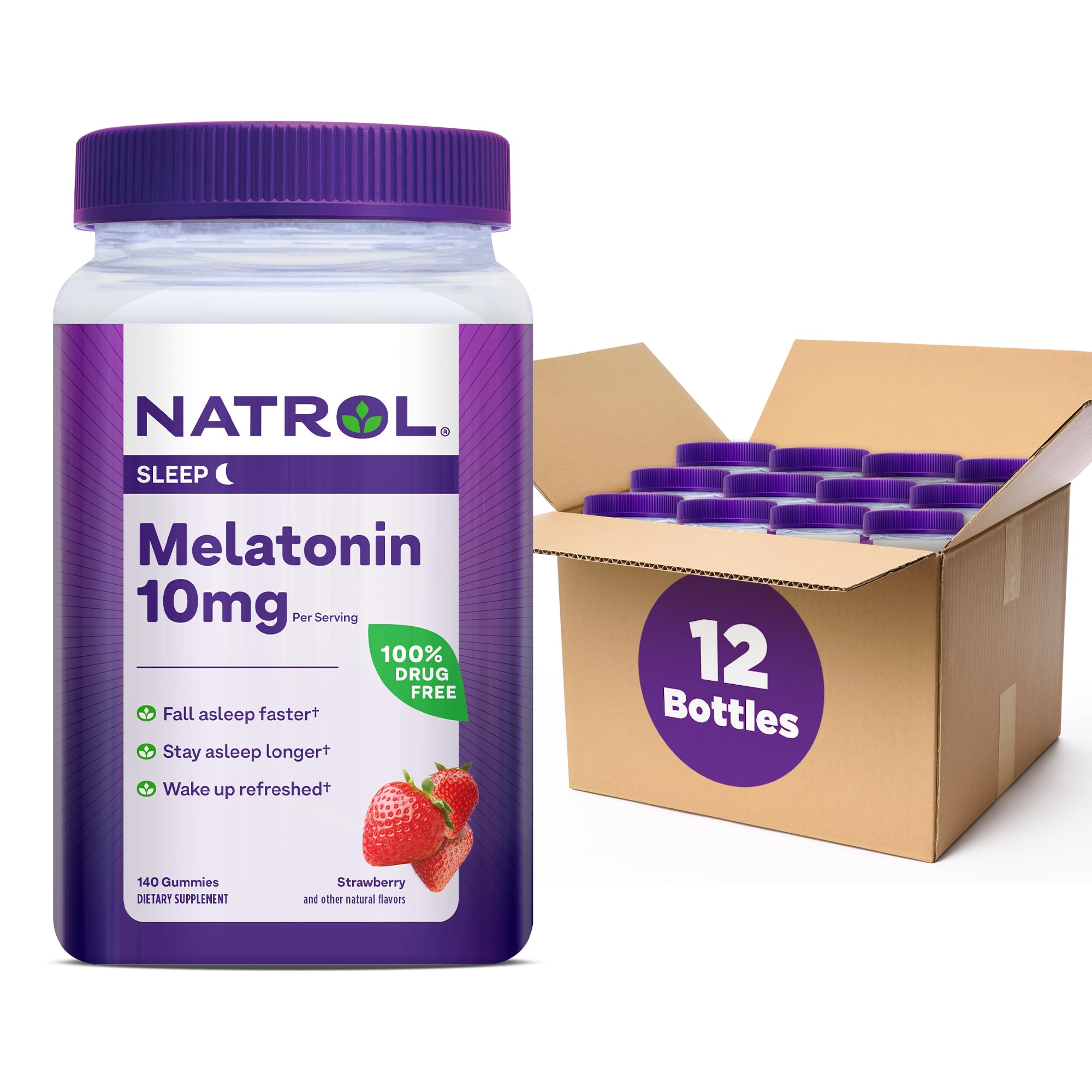 Natrol melatonin 10 mg strawberry gummies bottle shown for a relaxed bedtime routine