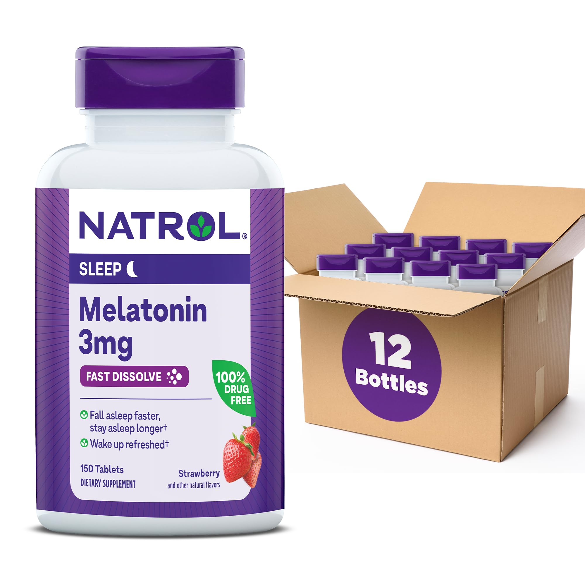 Natrol melatonin 3mg strawberry tablets bottle in box, supports occasional sleeplessness.