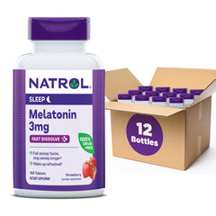 Natrol melatonin 3mg strawberry tablets bottle in box, supports occasional sleeplessness.
