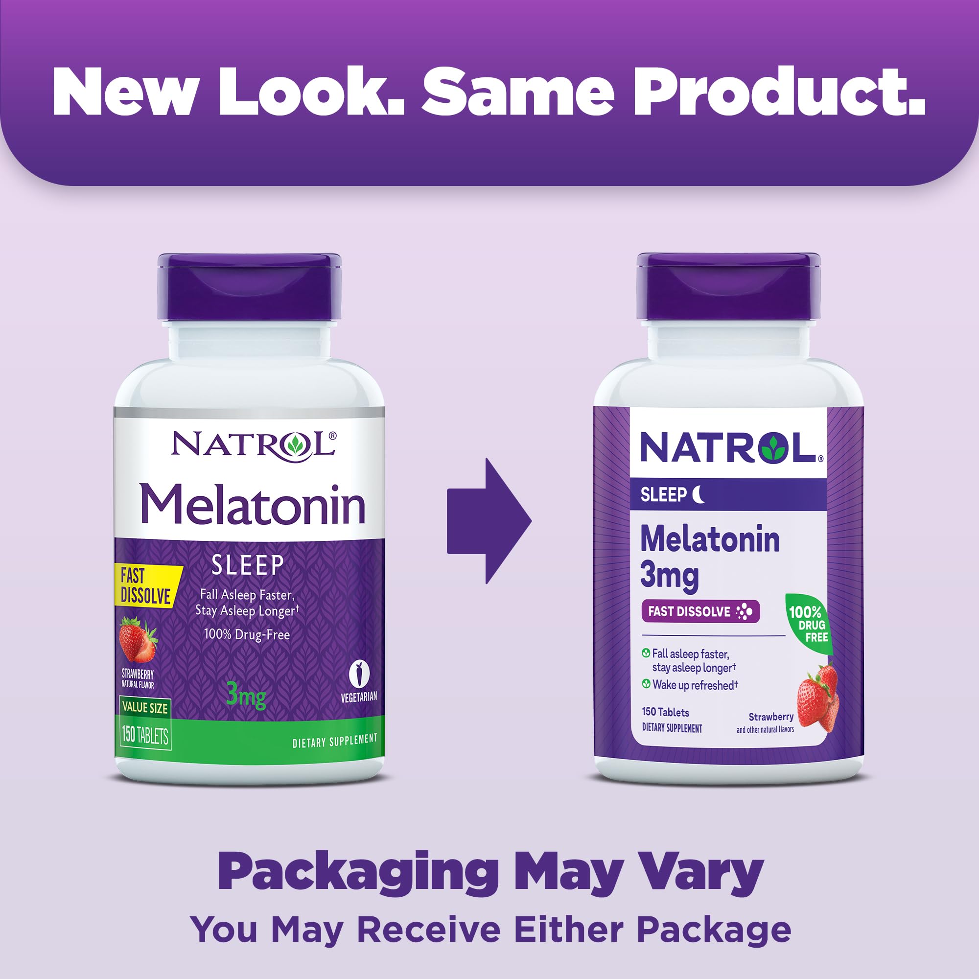 Natrol melatonin bottle label close-up highlighting 150-count fast-dissolve tablets.