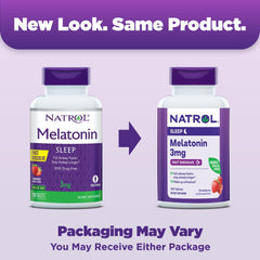 Natrol melatonin bottle label close-up highlighting 150-count fast-dissolve tablets.