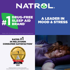 Natrol melatonin strawberry flavor seal, travel-friendly 150-day supply.