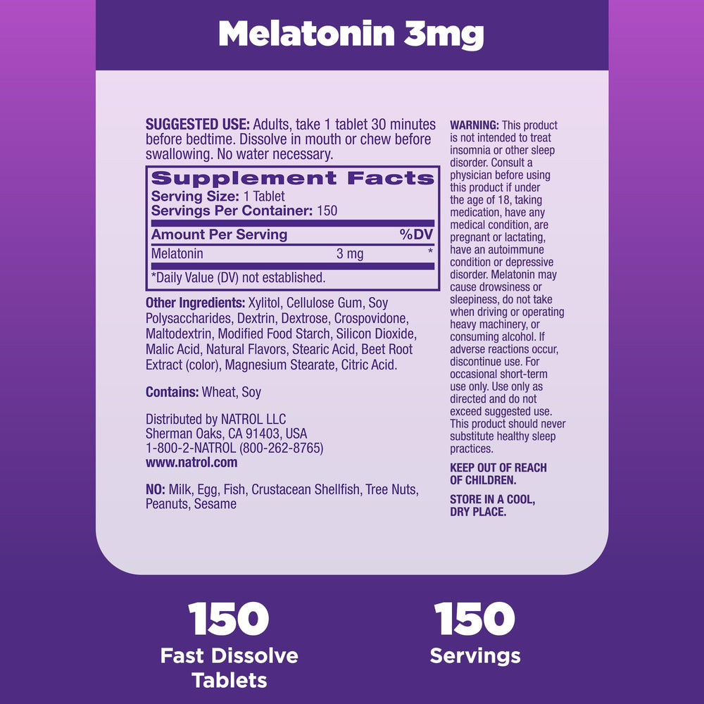 Natrol melatonin strawberry-flavored tablets beside glass, no water needed.