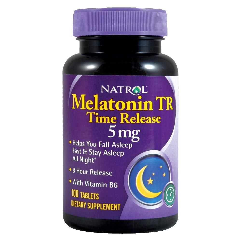 Natrol Melatonin Time Release 5mg tablets bottle for nighttime sleep support and routine