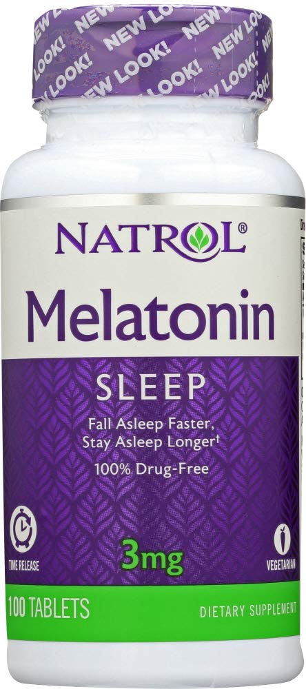Natrol Melatonin Time Release bottle showing gradual sleep support.