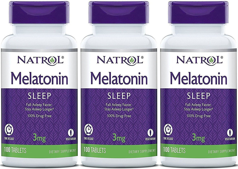 Natrol Melatonin Timed Release bottle with three-pack, 300 tablets, supports nighttime rest.