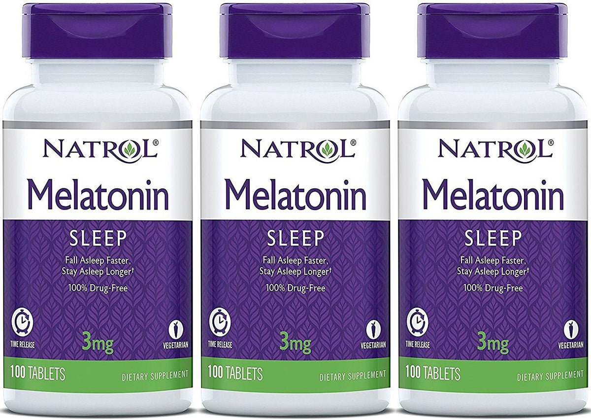 Natrol Melatonin Timed Release bottle with three-pack, 300 tablets, supports nighttime rest.