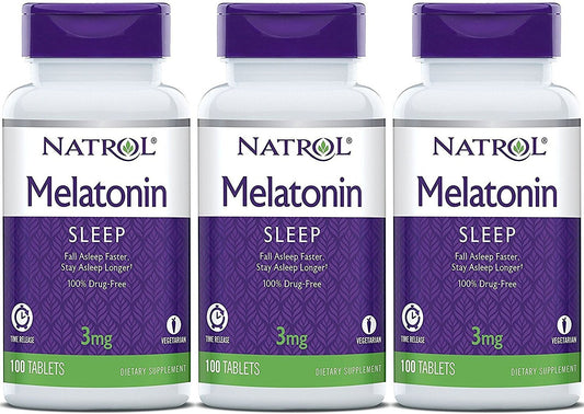 Natrol Melatonin Timed Release bottle with three-pack, 300 tablets, supports nighttime rest.