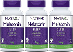Natrol Melatonin Timed Release bottle with three-pack, 300 tablets, supports nighttime rest.
