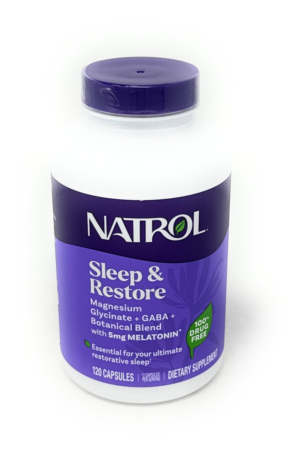 Natrol Sleep & Restore bottle front view for a restful night with a drug-free formula