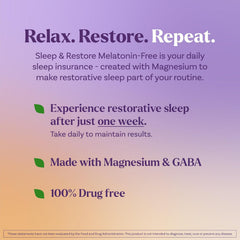 Natrol Sleep & Restore capsules close-up highlighting magnesium glycinate for relaxation.