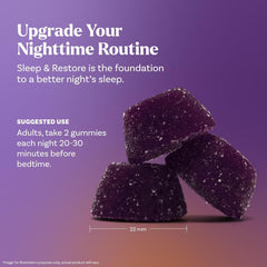 Dosing guide beside bottle illustrates 20-30 minute pre-bed time.
