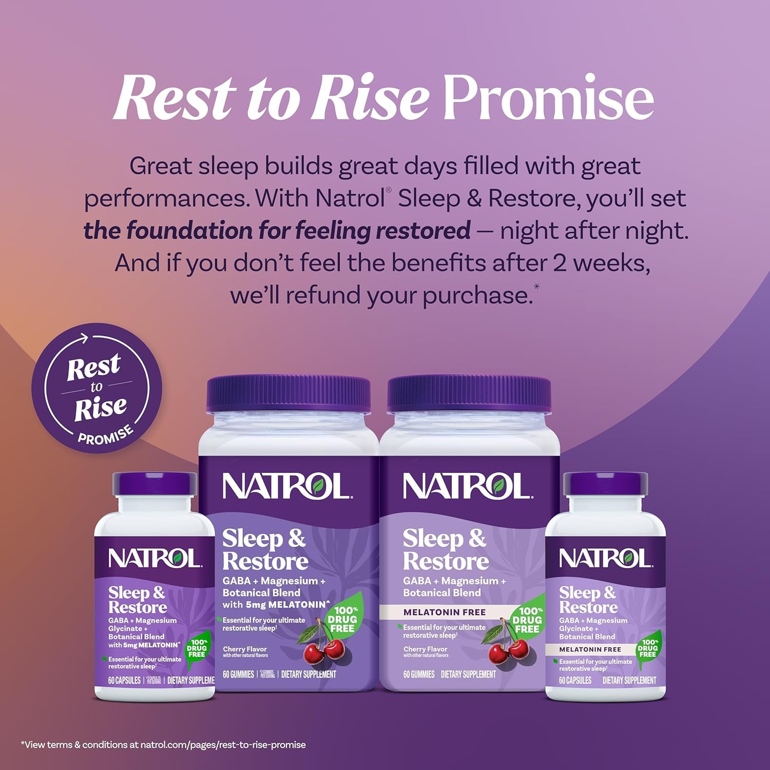 Natrol Sleep & Restore capsules paired with a glass of water for bedtime use.