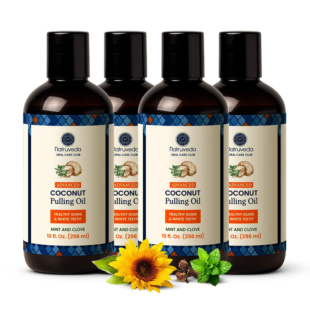 Natruveda coconut oil pulling mouthwash bottle with mint for fresh breath.